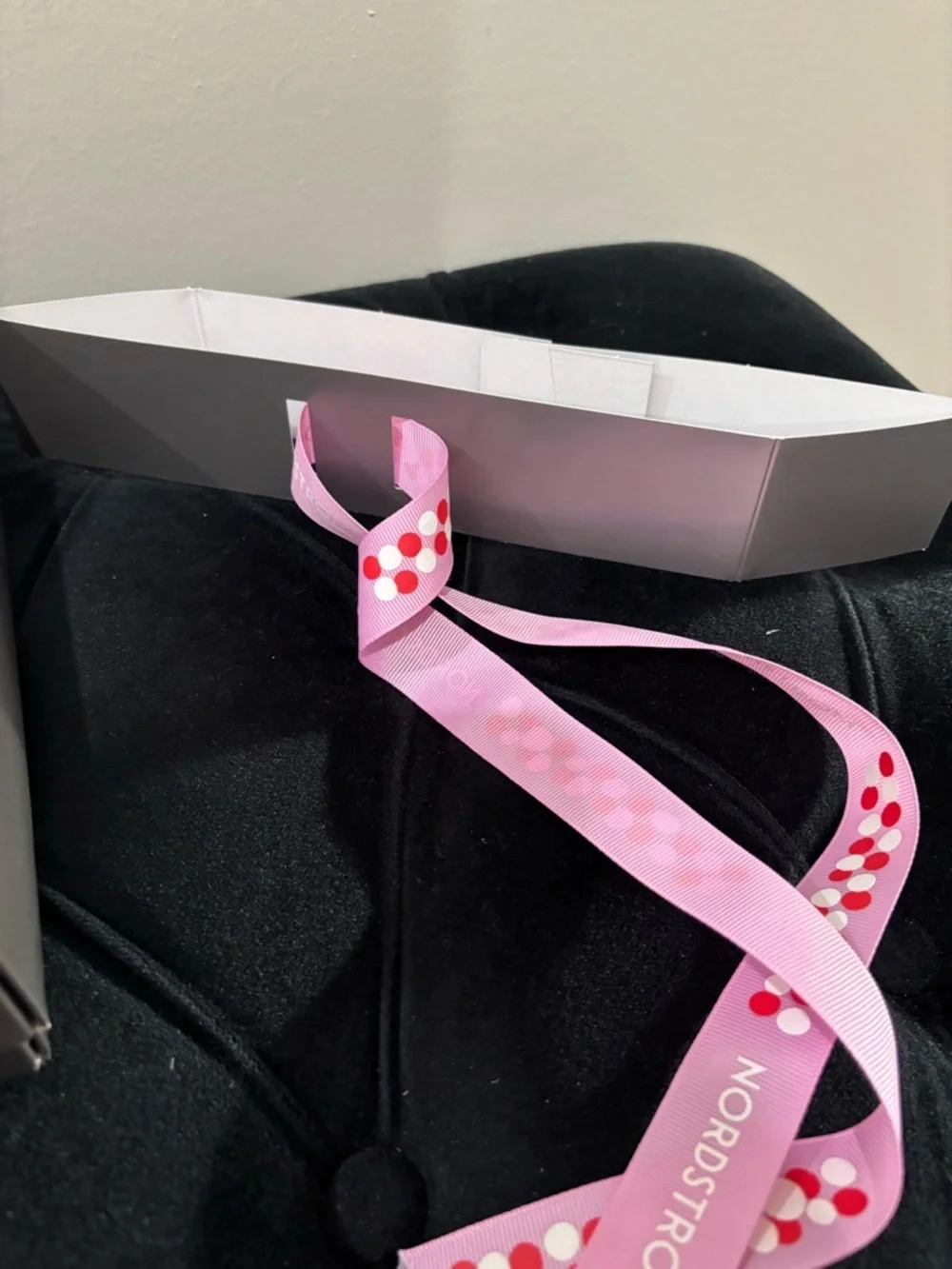Nordstrom Silver Box with Pink Polka-Dot Ribbon